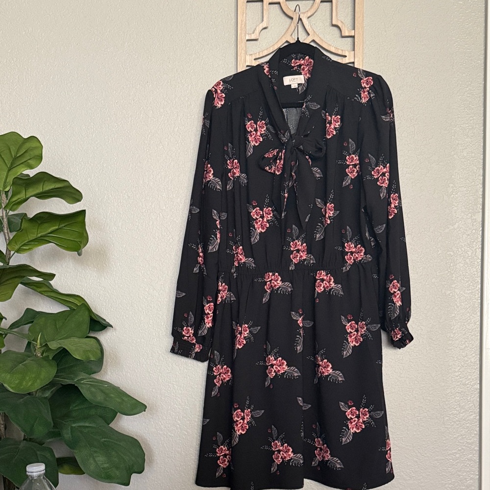 LOFT- Black Dress with Pink Floral Design